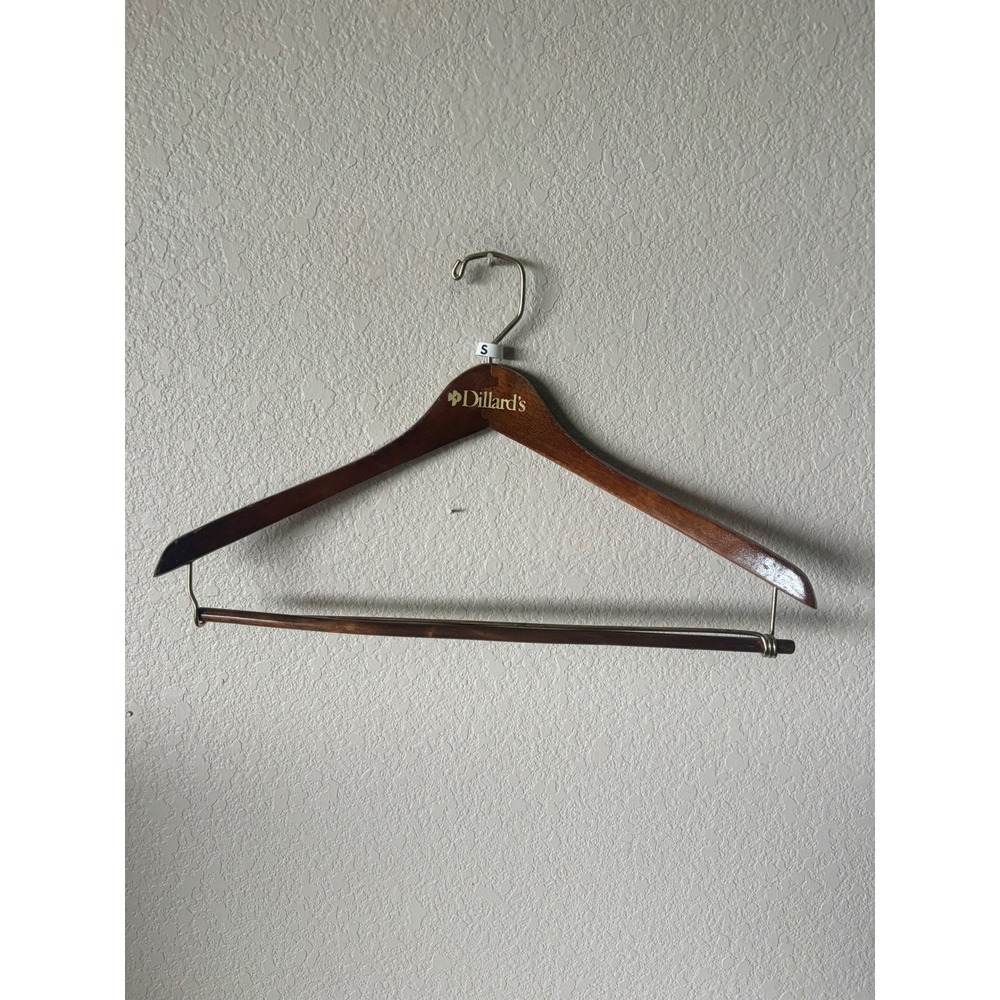 Vintage Dillards Wooden Suit Hanger Mahogany Finish Locking Pant Bar Gold Logo